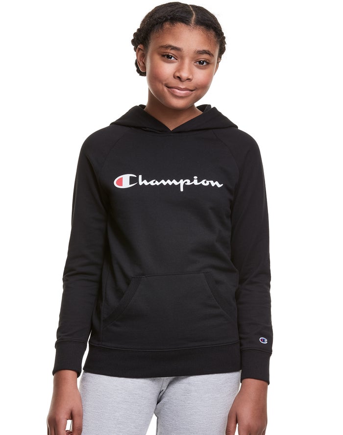 Champion French Terry Script Logo Kiz Çocuk Kapşonlu Sweatshirt Siyah ( LKTMGU501 )